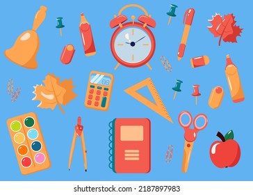 Ilustración vectorial plana de artículos escolares y educativos en el lugar de trabajo.  Suministros escolares. Juego de sábanas. De vuelta a la escuela. Suministros de oficina y educación. Equipo para profesores y niños. 