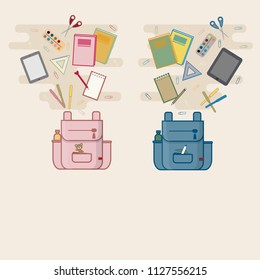 Vector flat illustration of school supplies for girl and boy. Back to school.