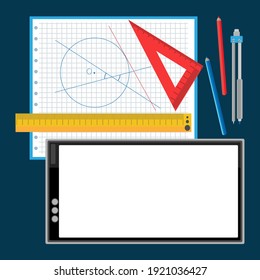 Vector flat illustration of school supplies and phone for online math class. Space for text on the phone screen.