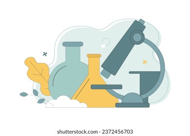 Vector flat illustration. Science concept. Study. Scientific search. Education. Applied chemistry. Physics. Microscope and glass flasks.