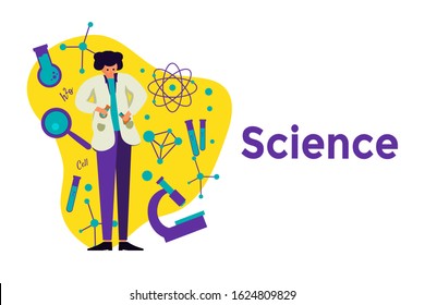 vector flat illustration scientist learning science lessons with science item and element. can be used for website blog banner poster landing page book cover education marketing promotion presentation
