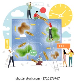 Vector flat illustration sea battle business game with group of young development specialists. Teamwork, messages in social networks and messengers.