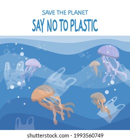 Vector flat illustration of sea depth with jellyfish and plastic bags. Call to say no to plastic and save the planet concept.