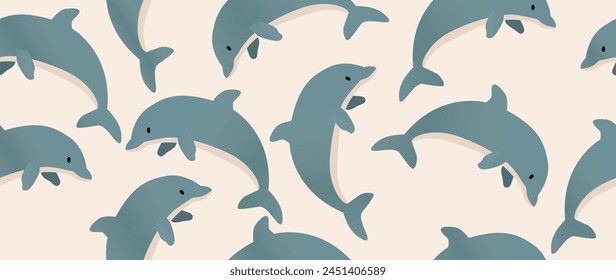 Vector flat illustration. Seamless dolphins. In cartoon style. Cute print. Ideal for gift wrapping, posters, covers, screensavers, textile decor, etc.