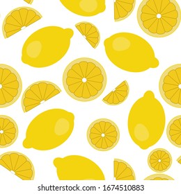 Vector flat illustration. Seamless pattern of cut in half, sliced on pieces fresh lemons isolated on white background. Vibrant juicy ripe citrus fruit collection. Design for textile, fabric, wallpaper