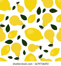 Vector flat illustration. Seamless pattern with  pear, lemon, leaves isolated on white. Design for textile, fabric, card, wallpaper, wrapping, scrapbooking, packaging, poster