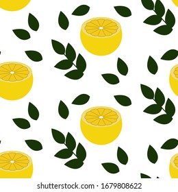 Vector flat illustration. Seamless pattern with  half lemon, leaves, brunch isolated on white. Design for textile, fabric, card, wallpaper, wrapping, scrapbooking, packaging, poster