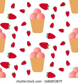 Vector flat illustration. Seamless pattern with Ice cream balls in waffle Cup with strawberries . Design for kitchen, textile, fabric, wrapping, scrapbooking, wallpaper,poster, card