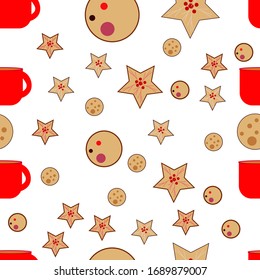 Vector flat illustration. Seamless pattern with cup of tea, cookies circle, stars isolated on white. Design for textile, fabric, kitchen, wrapping, scrapbooking, packaging, wallpaper, poster,card