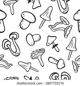 Vector flat illustration seamless pattern mushrooms icons. Doodle objects are cut out.