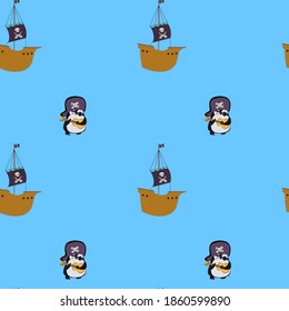 Vector flat illustration.  Seamless pattern with cute penguin in the pirats hat.