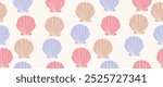 Vector flat illustration. Seamless sea shells. In cartoon style. Cute print in holiday concept. Ideal for gift wrapping, posters, covers, screensavers, textile decor, etc.