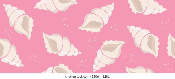 Vector flat illustration. Seamless sea shells on a pink background. In cartoon style. Cute lint print. Perfect for gift wrapping, poster, cover, screen saver, textile decor and more.