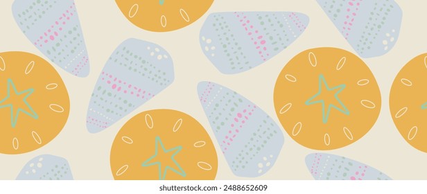 Vector flat illustration. Seamless sea shells in pastel colors. In cartoon style. Cute underwater themed print. Ideal for gift wrapping, posters, covers, screensavers, textile decor, etc.