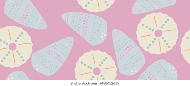 Vector flat illustration. Seamless sea shells in pastel colors. In cartoon style. Cute underwater themed print. Ideal for gift wrapping, posters, covers, screensavers, textile decor, etc.