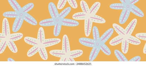 Vector flat illustration. Seamless sea shells in pastel colors. In cartoon style. Cute underwater themed print. Ideal for gift wrapping, posters, covers, screensavers, textile decor, etc.