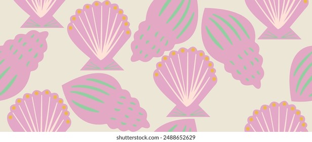 Vector flat illustration. Seamless sea shells in pastel colors. In cartoon style. Cute underwater themed print. Ideal for gift wrapping, posters, covers, screensavers, textile decor, etc.