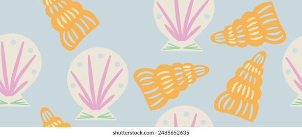 Vector flat illustration. Seamless sea shells in pastel colors. In cartoon style. Cute underwater themed print. Ideal for gift wrapping, posters, covers, screensavers, textile decor, etc.