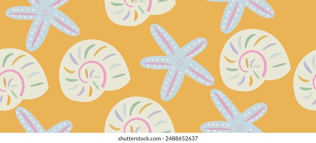 Vector flat illustration. Seamless sea shells in pastel colors. In cartoon style. Cute underwater themed print. Ideal for gift wrapping, posters, covers, screensavers, textile decor, etc.