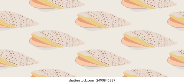 Vector flat illustration. Seamless sea shells. In cartoon style. Cute print. Ideal for gift wrapping, posters, covers, screensavers, textile decor, etc.