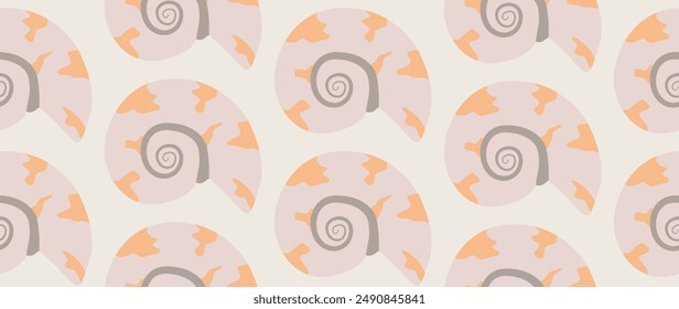 Vector flat illustration. Seamless sea shells. In cartoon style. Cute print. Ideal for gift wrapping, posters, covers, screensavers, textile decor, etc.