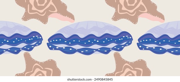 Vector flat illustration. Seamless sea shells. In cartoon style. Cute print. Ideal for gift wrapping, posters, covers, screensavers, textile decor, etc.