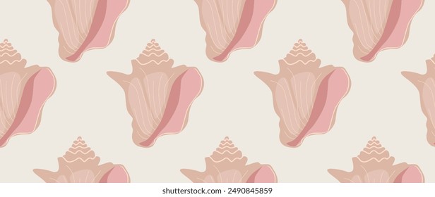 Vector flat illustration. Seamless sea shells. In cartoon style. Cute print. Ideal for gift wrapping, posters, covers, screensavers, textile decor, etc.