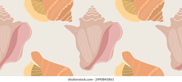 Vector flat illustration. Seamless sea shells. In cartoon style. Cute print. Ideal for gift wrapping, posters, covers, screensavers, textile decor, etc.