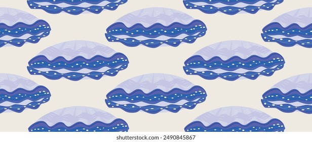 Vector flat illustration. Seamless sea shells. In cartoon style. Cute print. Ideal for gift wrapping, posters, covers, screensavers, textile decor, etc.