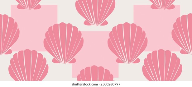 Vector flat illustration. Seamless sea shells. Relaxation concept. In cartoon style. Cute print. Ideal for gift wrapping, posters, covers, screensavers, textile decor, etc.