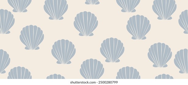 Vector flat illustration. Seamless sea shells. Relaxation concept. In cartoon style. Cute print. Ideal for gift wrapping, posters, covers, screensavers, textile decor, etc.