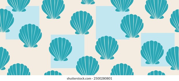 Vector flat illustration. Seamless sea shells. Relaxation concept. In cartoon style. Cute print. Ideal for gift wrapping, posters, covers, screensavers, textile decor, etc.