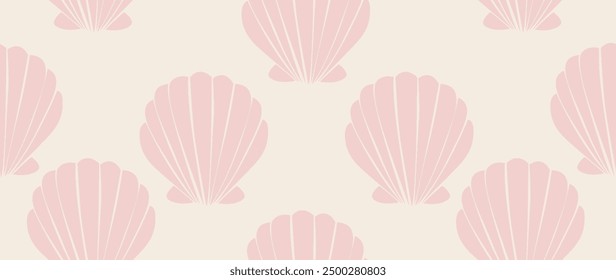 Vector flat illustration. Seamless sea shells. Relaxation concept. In cartoon style. Cute print. Ideal for gift wrapping, posters, covers, screensavers, textile decor, etc.