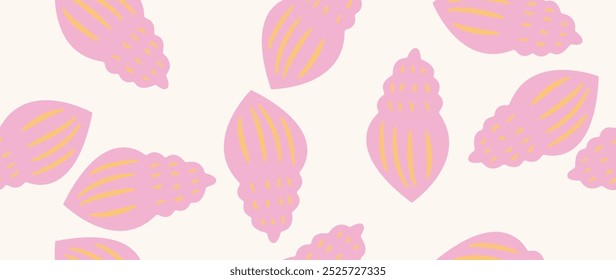 Flache Vektorgrafik. Nahtlose Muscheln. Im Cartoon-Stil. Netter Druck im Urlaubskonzept. Ideal für Geschenkverpackungen, Poster, Cover, Bildschirmschoner, Textildekoration usw.
