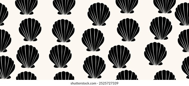 Vector flat illustration. Seamless sea shells. In cartoon style. Cute print in holiday concept. Ideal for gift wrapping, posters, covers, screensavers, textile decor, etc.