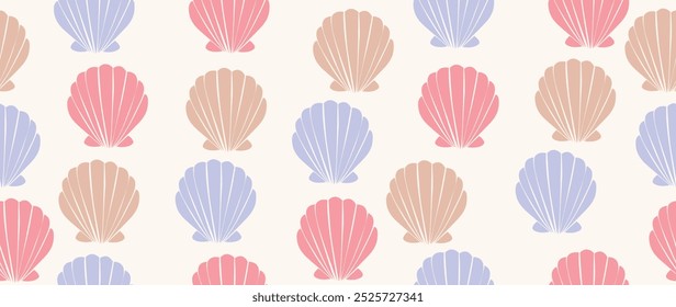 Vector flat illustration. Seamless sea shells. In cartoon style. Cute print in holiday concept. Ideal for gift wrapping, posters, covers, screensavers, textile decor, etc.