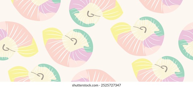 Ilustración plana de Vector. Conchas marinas sin costura. En estilo de dibujos animados. Linda impresión en concepto de vacaciones. Ideal para envolver regalos, carteles, fundas, protectores de pantalla, decoración textil, etc.