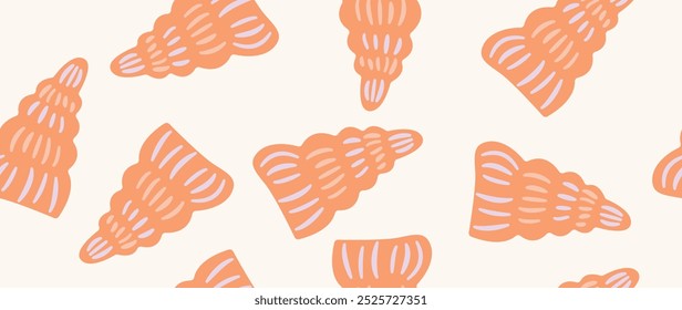 Ilustración plana de Vector. Conchas marinas sin costura. En estilo de dibujos animados. Linda impresión en concepto de vacaciones. Ideal para envolver regalos, carteles, fundas, protectores de pantalla, decoración textil, etc.