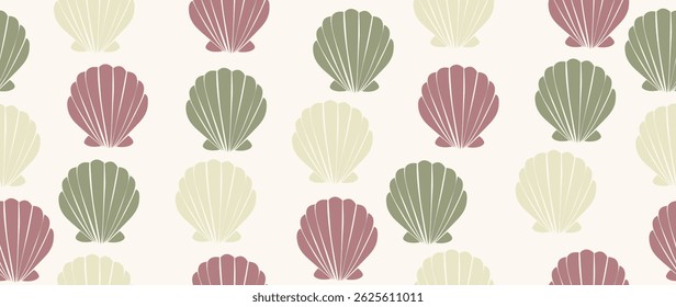Ilustração plana vetorial. Padrão de conchas do mar sem costura. Em estilo cartoon. Impressão bonita com pequenos círculos. Perfeito para embrulhar presente, cartazes, capas, protetores de tela, decoração têxtil, etc.