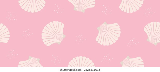 Vector flat illustration. Seamless sea shells pattern. In cartoon style. Cute print with small circles. Perfect for gift wrapping, posters, covers, screensavers, textile decor, etc.