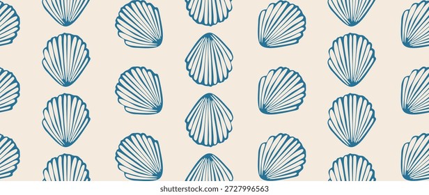 Vector flat illustration. Seamless sea shells. In cartoon style. Cute print. Perfect for gift wrapping, posters, covers, screensavers and textile decor.