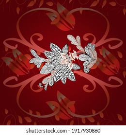 Vector flat illustration. Seamless. Vivid tropical flowers and leaves on red, white and orange background. Tropic plant.