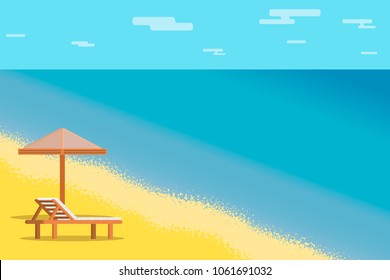 Vector flat illustration. Seaside. Beach with sun lounger and parasol.