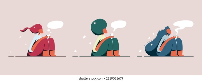 Vector flat illustration set. 3 black women sit on the floor and hold a book, a mug, a phone. Reading, drinking coffee or tea, texting, studying. The girls are doing hobbies. Collection for design.