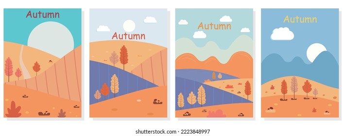 Vector flat illustration. A set of autumn landscape posters. Drawing with trees, mountains, fields, leaves, mushrooms, sun and clouds. Rural landscape. Autumn background.