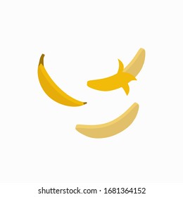 Vector flat illustration. Set of banana whole, peeled isolated on white. Elements design for menu, summer, kitchen, textile, fabric, wrapping, scrapbooking, poster, wallpaper, gardening