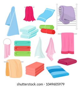 Vector flat illustration set of cartoon towels in different colors and shapes. Cloth towel for bath.