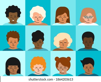 Vector flat illustration with set of cartoon children's portraits. Diversity of races. E-learning of pupils. Distance group education and homeschooling by using computer. Online conference of kids 