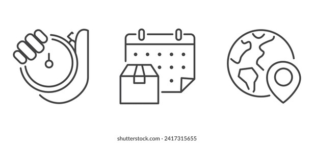 Vector flat illustration. Set of clock, calendar and geolocation icons. Gray icon on isolated on white background. Perfect for your creative idea.