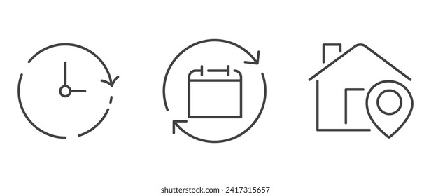 Vector flat illustration. Set of clock, calendar and geolocation icons. Gray icon on isolated on white background. Perfect for your creative idea.